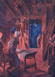 Die Tür flog auf, und auf der Schwelle sah die erschrockene Frau ein junges Mädchen, aus The Child of the Air, veröffentlicht von Duckworth, 1910